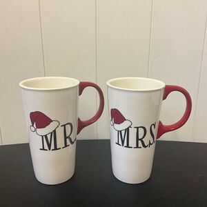 Evergreen Ceramic Travel Mugs Set Mr & Mrs  w/ Santa Hat Red White 6.5" Tall